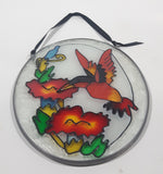 Hummingbird Feeding on Red Flowers Oval Shaped 5" x 6 3/4" Stained Glass Suncatcher