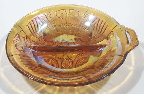 Vintage Indiana Orange Amber Iridescent Rainbow Gold 7 1/2" Diameter Carnival Glass Split Candy Dish