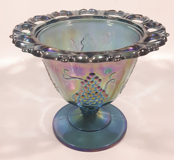 Vintage Indiana Carnival Glass Harvest Grape Blue Purple Iridescent Rainbow 4 3/4" Tall Pedestal Style Perforated Edge Compote Candy Dish