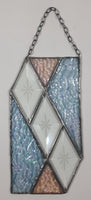 Vintage Rippled Ice Texture Iridescent Light Blue and Light Pink with Clear Diamond Star Burst Pattern 4 1/4" x 8" Stained Glass Window Sun Catcher