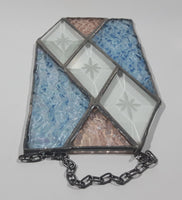 Vintage Rippled Ice Texture Iridescent Light Blue and Light Pink with Clear Diamond Star Burst Pattern 4 1/4" x 8" Stained Glass Window Sun Catcher