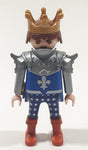 1993 Geobra Playmobil Medieval Castle Brown Hair King with Crown In Blue and Grey Armor Top 3" Tall Toy Figure