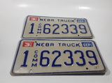 Set of 2 1996 Nebraska 3 Ton Truck Commercial White With Blue Letters Metal Vehicle License Plate Tag 1 62339