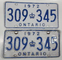 Set of 2 1972 Ontario White With Blue Letters Metal Vehicle License Plate Tag 309 345