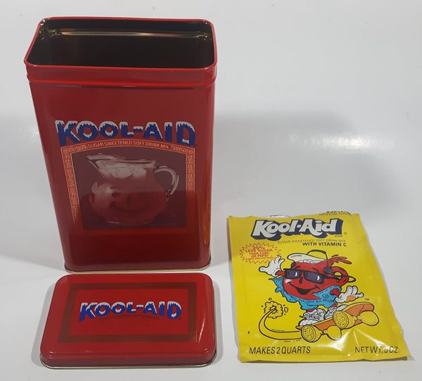 Kool-Aid Sugar Sweetened Soft Drink Mix 8" Tall Tin Metal Container With Opened Original Package