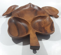 Vintage Mid Century Large Leaf Shaped Carved Teak Wood 20" Three Compartment Snack Tray Serving Platter with Two Side Dishes