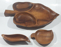 Vintage Mid Century Large Leaf Shaped Carved Teak Wood 20" Three Compartment Snack Tray Serving Platter with Two Side Dishes