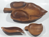 Vintage Mid Century Large Leaf Shaped Carved Teak Wood 20" Three Compartment Snack Tray Serving Platter with Two Side Dishes