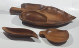 Vintage Mid Century Large Leaf Shaped Carved Teak Wood 20" Three Compartment Snack Tray Serving Platter with Two Side Dishes