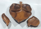 Vintage Mid Century Large Leaf Shaped Carved Teak Wood 20" Three Compartment Snack Tray Serving Platter with Two Side Dishes