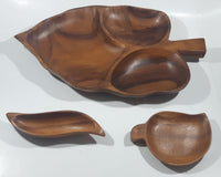 Vintage Mid Century Large Leaf Shaped Carved Teak Wood 20" Three Compartment Snack Tray Serving Platter with Two Side Dishes