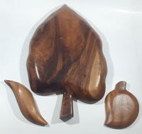 Vintage Mid Century Large Leaf Shaped Carved Teak Wood 20" Three Compartment Snack Tray Serving Platter with Two Side Dishes