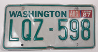 1987 Washington State White with Green Letters Vehicle License Plate Tag LQZ 598