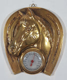 Vintage Horse Head in Horseshoe 3D Gold Tone Metal 4" x 4 1/2" Mid-Century Wall Thermometer Made in Japan