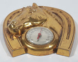 Vintage Horse Head in Horseshoe 3D Gold Tone Metal 4" x 4 1/2" Mid-Century Wall Thermometer Made in Japan