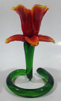 Green Spiral Stem Orange Red Yellow Flower Shaped 5 1/2" Tall Art Glass Candle Stick Holder