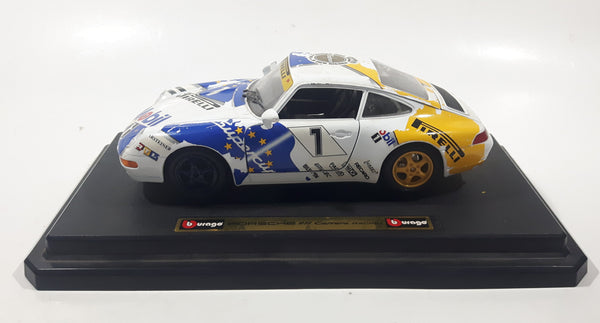 Burago Porsche 911 Carrera Racing #1 Pirelli Mobil White 1/24 Scale Die Cast Toy Car Vehicle with Opening Doors and Rear Hood on Base