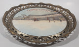 Rare Antique Early 1900s Hamburg Alter Jungfernstieg 10" Porcelain Ceramic Plate with Silver Tone Ornate Metal Frame