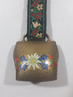 Vintage Austria Hand Painted Brass Cowbell With Flower Embroidered Ribbon