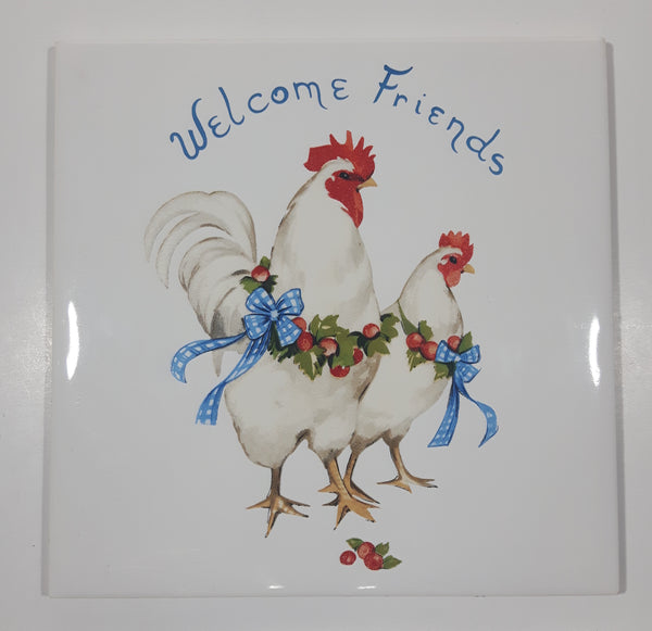 Vintage Welcome Friends White Chicken Hens with Blue Bows Themed 6" x 6" Ceramic Tile Trivet