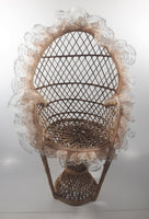 Vintage Wicker Rattan Fan Back Peacock Style 16 1/4" Doll Chair with Lace Trim