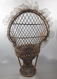 Vintage Wicker Rattan Fan Back Peacock Style 16 1/4" Doll Chair with Lace Trim