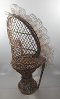 Vintage Wicker Rattan Fan Back Peacock Style 16 1/4" Doll Chair with Lace Trim