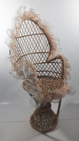 Vintage Wicker Rattan Fan Back Peacock Style 16 1/4" Doll Chair with Lace Trim