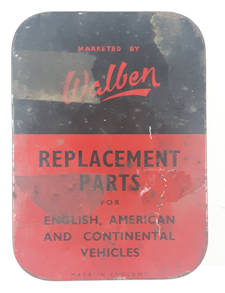 Antique Marketed By Walben Replacement Parts For English, American And Continental Vehicles Red and Black Hinged Tin Metal Container Made In England