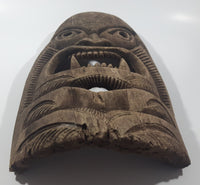 Vintage Tiki God Bottom with Fangs Detailed 8 3/4" x 15" Curved Carved Wood Mask