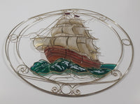 Beautiful Brass Metal and Plastic Stained Glass Style Colorful Tall Ship Sail Boat 13" Wall Hanging