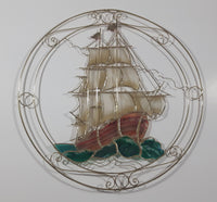 Beautiful Brass Metal and Plastic Stained Glass Style Colorful Tall Ship Sail Boat 13" Wall Hanging