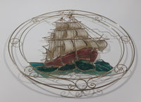 Beautiful Brass Metal and Plastic Stained Glass Style Colorful Tall Ship Sail Boat 13" Wall Hanging