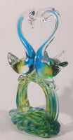 Vintage Blue Green Yellow Double Swan Birds Facing Each Other Forming Heart 8 1/2" Tall Art Glass Sculpture