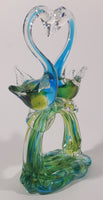 Vintage Blue Green Yellow Double Swan Birds Facing Each Other Forming Heart 8 1/2" Tall Art Glass Sculpture