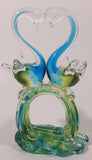 Vintage Blue Green Yellow Double Swan Birds Facing Each Other Forming Heart 8 1/2" Tall Art Glass Sculpture