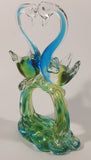 Vintage Blue Green Yellow Double Swan Birds Facing Each Other Forming Heart 8 1/2" Tall Art Glass Sculpture