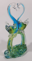 Vintage Blue Green Yellow Double Swan Birds Facing Each Other Forming Heart 8 1/2" Tall Art Glass Sculpture