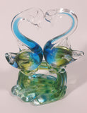 Vintage Blue Green Yellow Double Swan Birds Facing Each Other Forming Heart 8 1/2" Tall Art Glass Sculpture