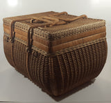 Vintage Large Tightly Woven Bowed Wicker Picnic Basket with Lid