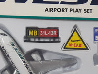 Daron RealToy No. RT7371 WestJet Airport Play Set Die Cast Toy Car Vehicles Airplane and Signage with Box Missing One Car