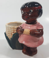 Antique 1940s Occupied Japan Black Girl Holding Corn Small 4 1/2" Tall Ceramic Planter Vase