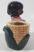 Antique 1940s Occupied Japan Black Girl Holding Corn Small 4 1/2" Tall Ceramic Planter Vase