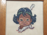 Vintage First Nations Native Child 7 1/2" x 7 1/2" Framed Cross Stitch Needle Petit Point Picture