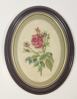 Vintage Rose Flower with Stem and Leaves 11" x 14" Oval Frame Cross Stitch Needle Point Picture