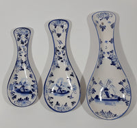 Vintage Delft Blue and White Windmill and Flower Decor Ceramic Spoon Rest Set of 3 Different Sizes