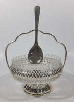 Vintage Mayell Glass Condiment Serving Dish in Silver Plated Basket Holder with Spoon