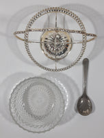 Vintage Mayell Glass Condiment Serving Dish in Silver Plated Basket Holder with Spoon