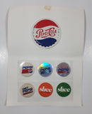 Rare 1993 Pepsi Diet Crystal Clear Cola Pepsi Slice Mandarin Orange Slice Lemon Lime and Crystal Pepsi 1 5/8" Caps with Large 3 1/4" Pepsi Cola Cap in Red Envelope Holder