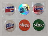 Rare 1993 Pepsi Diet Crystal Clear Cola Pepsi Slice Mandarin Orange Slice Lemon Lime and Crystal Pepsi 1 5/8" Caps with Large 3 1/4" Pepsi Cola Cap in Red Envelope Holder